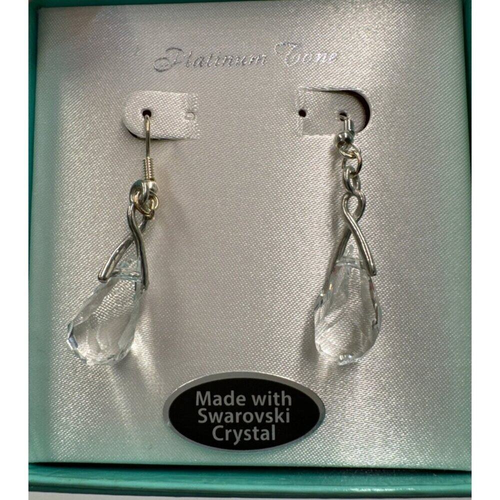 Swarovski Crystal Teardrop Dangle Earrings Platinum Tone Hooks New in Gift Box